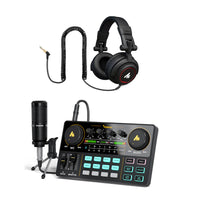 Podcasting Starter Kit including MAONO MH501 Gaming Headphones, MAONOCASTER Lite with Condenser Microphone, and Maono Condenser Microphone.